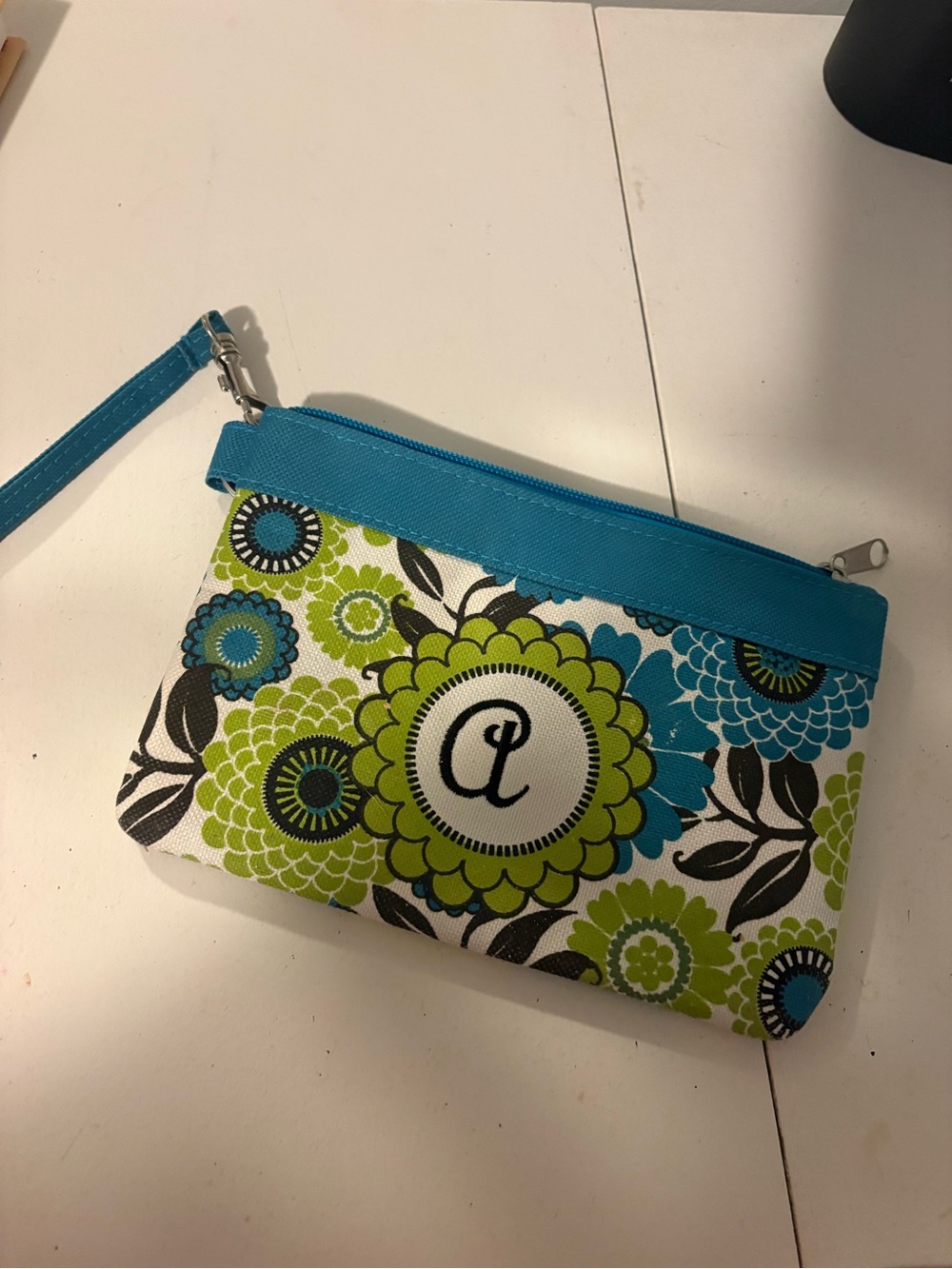 Floral Blue & Green Wristlet Pouch with Monogram Accent